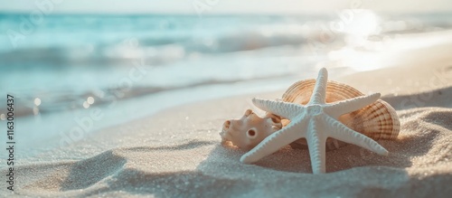 Fototapeta Naklejka Na Ścianę i Meble -  Caribbean Beach Scene with Starfish and Seashell on Sandy Shore Evoking Luxury Holiday Vibes and Tranquil Vacation Ambience