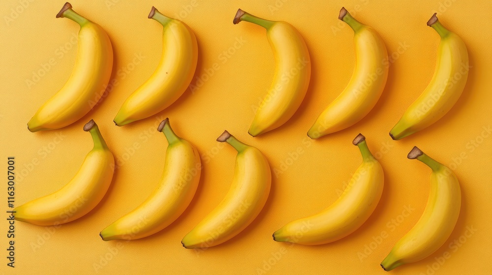 Freshly harvested ripe yellow bananas arranged harmoniously on a vibrant yellow background showcasing natural appeal and healthy lifestyle. Freshly harvested ripe yellow bananas arranged harmoniously on a vibrant yellow background showcasing natural appeal and healthy lifestyle.