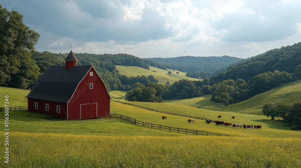 Red barn surrounded by green hills and grazing cows on a cloudy day Red barn surrounded by green hills and grazing cows on a cloudy day