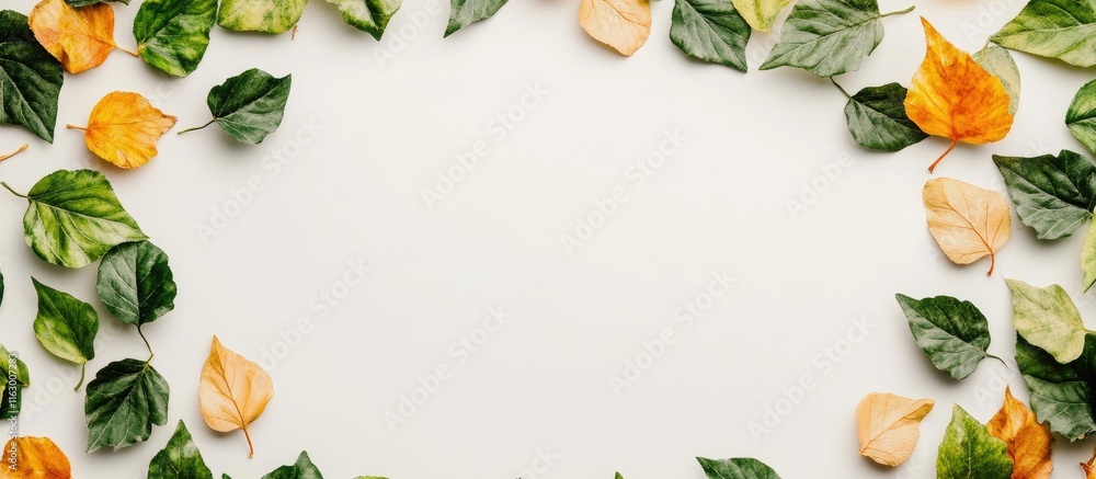 Wreath of varied green and golden leaves on a light background with ample blank space for adding custom text or messages Wreath of varied green and golden leaves on a light background with ample blank space for adding custom text or messages