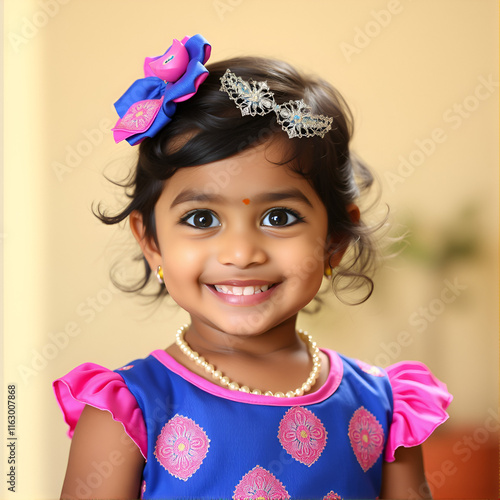 Indian baby girl in modern dress shines with twinkling eyes and cherubic smile