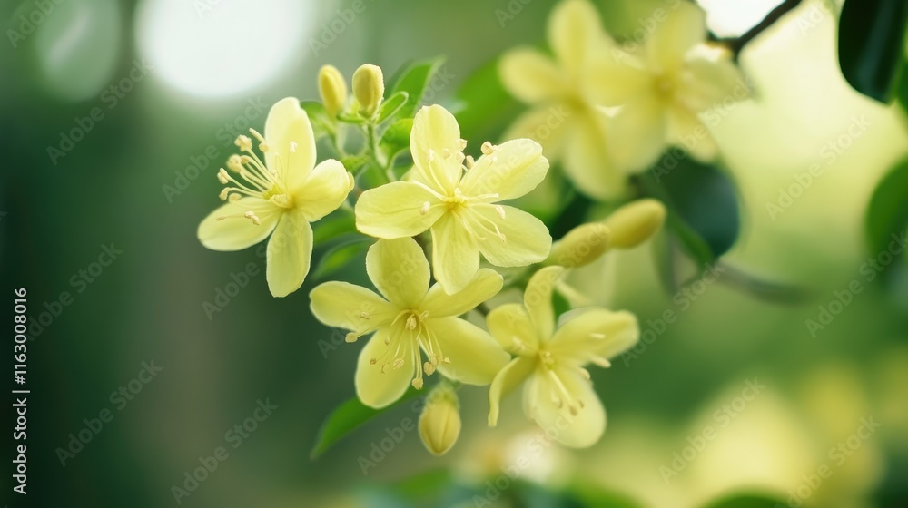 Obraz premium Delicate yellow flowers in bloom with soft focus against a serene green background showcasing nature's beauty and tranquility.