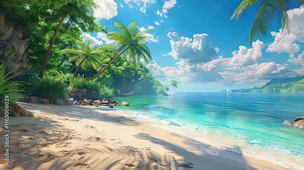 Fototapeta premium A vibrant tropical beach with golden sands, turquoise waters, and lush green palm trees under a vivid blue sky. 