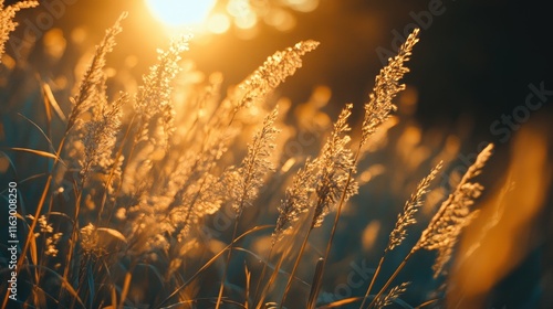 Golden wheat ears basking in warm sunlight during a serene morning glow in nature.