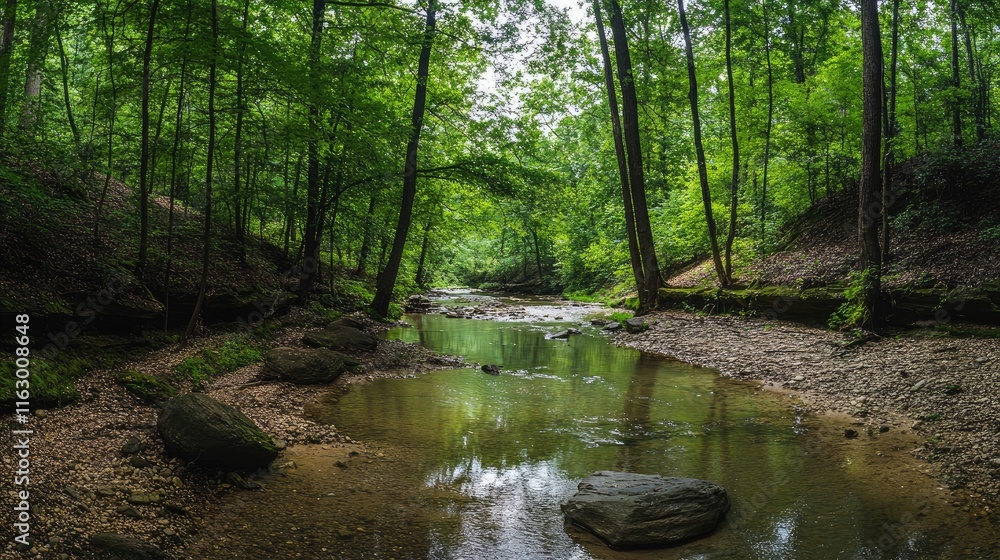 Green riverbank surrounded by lush summer forest under a soft cloudy sky nature landscape scene for outdoor and travel themes. Green riverbank surrounded by lush summer forest under a soft cloudy sky nature landscape scene for outdoor and travel themes.