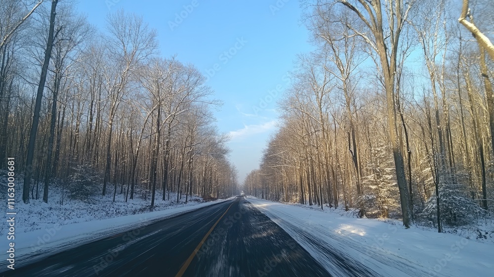 Fototapeta premium Winter road surrounded by snow-covered trees under a clear blue sky in a serene landscape scene