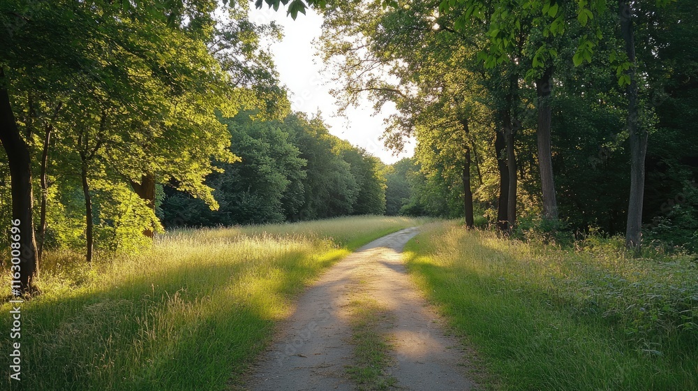 Summer Pathway for Outdoor Running and Cardio Training in a Serene Green Landscape with Trees and Sunlight Summer Pathway for Outdoor Running and Cardio Training in a Serene Green Landscape with Trees and Sunlight