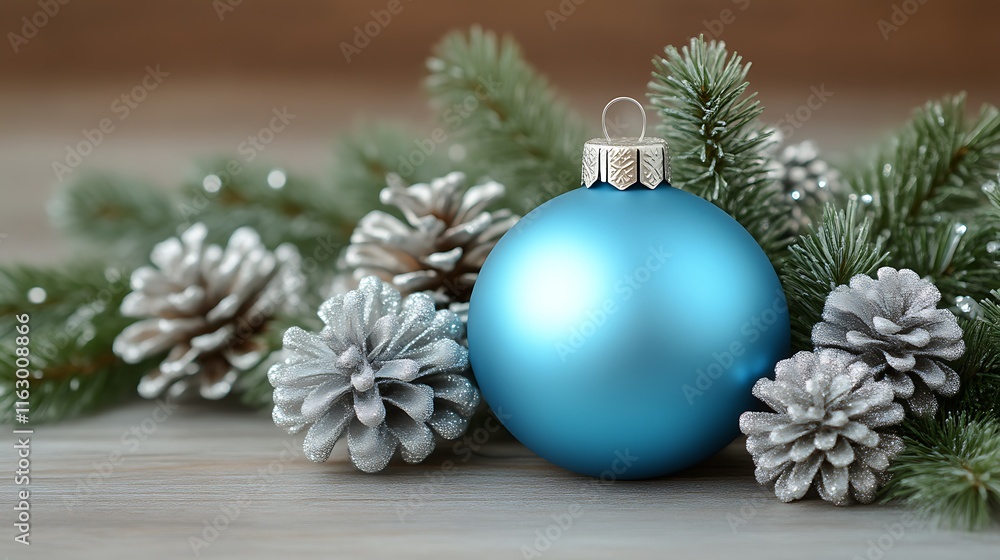 Blue Christmas Ornament with Pine Branches and Cones Blue Christmas Ornament with Pine Branches and Cones