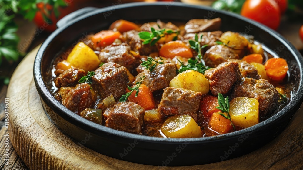 Succulent seasoned beef stew with vegetables in a rustic French dish garnished with fresh herbs and tomatoes on a wooden surface. Succulent seasoned beef stew with vegetables in a rustic French dish garnished with fresh herbs and tomatoes on a wooden surface.