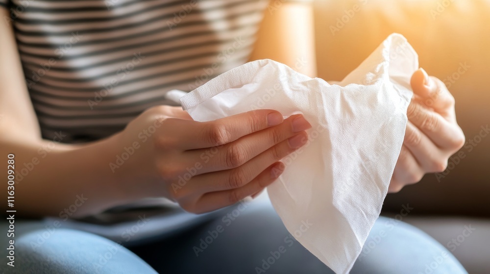 Obraz premium Person holding a tissue in a cozy setting.