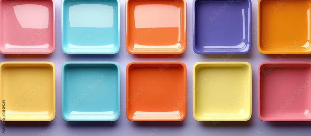 Colorful square plates arranged in a grid pattern offering blank space for creative text or design elements in a bright kitchen setting Colorful square plates arranged in a grid pattern offering blank space for creative text or design elements in a bright kitchen setting