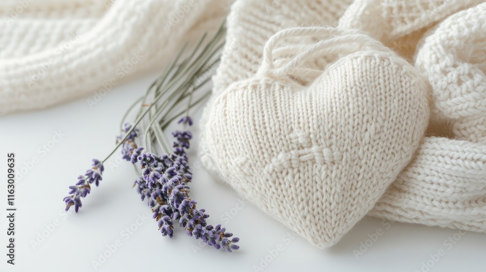 Fototapeta premium Soft Knitted Heart with Lavender Flowers Aromatic Sachet on White Background Elegant Home Decor and Relaxation Concept