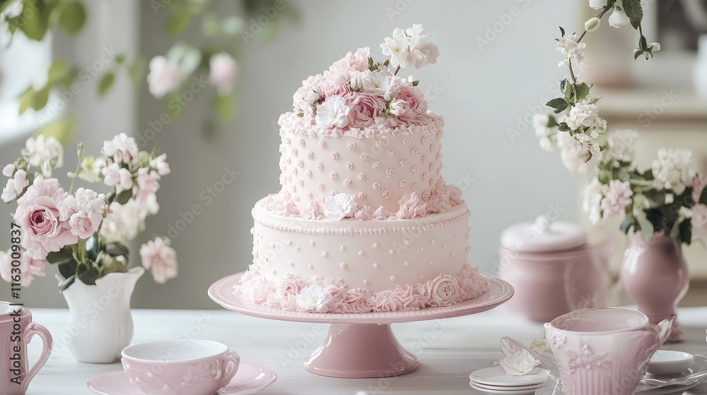 Delicate Soft Pink Wedding Cake with Floral Decor on Elegant Table Setting Delicate Soft Pink Wedding Cake with Floral Decor on Elegant Table Setting