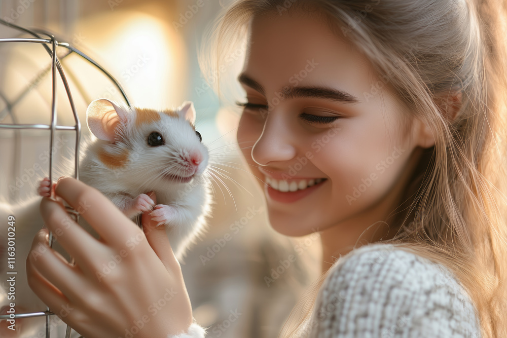 Happy moments shared between a woman and her adorable hamster in a cozy setting Happy moments shared between a woman and her adorable hamster in a cozy setting