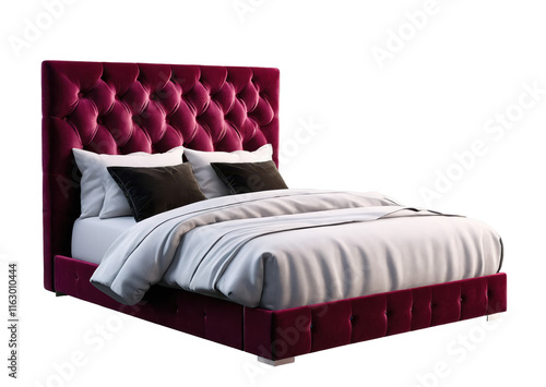 Luxurious upholstered tufted bed in rich burgundy fabric with plush white bedding and modern design photo