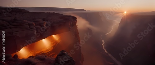 A breathtaking view of a canyon at sunrise where the rocks glow in warm hues creating a majestic and awe inspiring landscape. Extremely detailed high resolution illustration. photo