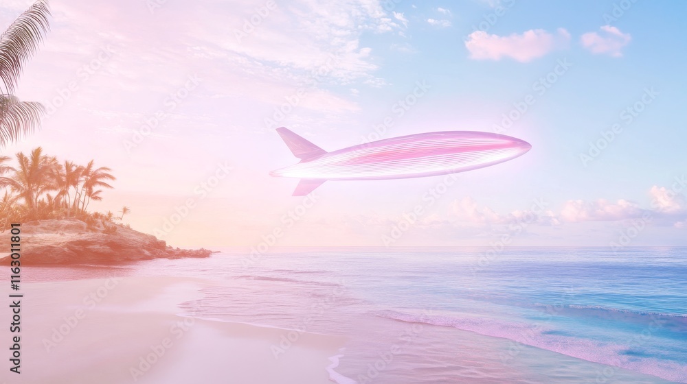 Serene beach with a futuristic airship. Serene beach with a futuristic airship.