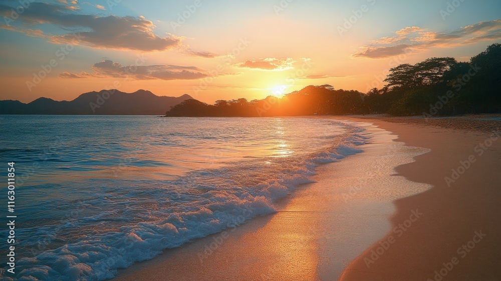 Obraz premium Waves gently lap at the shore during a serene sunset at a coastal beach