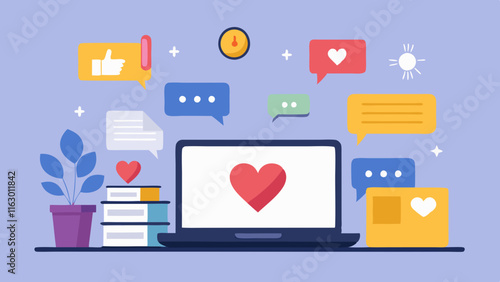 A laptop on a desk with floating social media icons and plants around it.