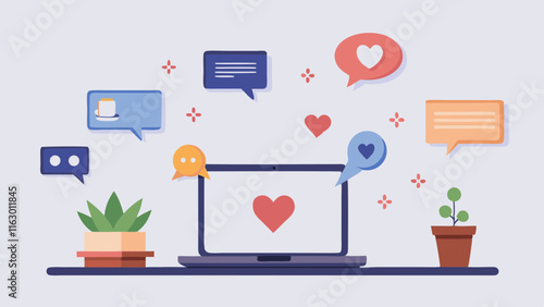 A laptop on a desk with icons of messages, hearts, and greenery around it.