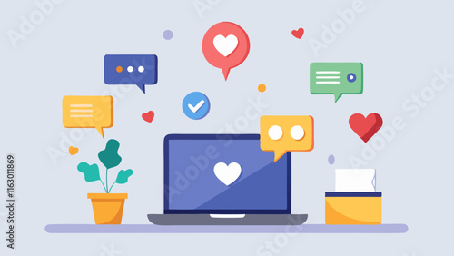 A laptop on a desk surrounded by icons of messages and hearts.