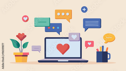 A laptop on a desk surrounded by social media icons and hearts.