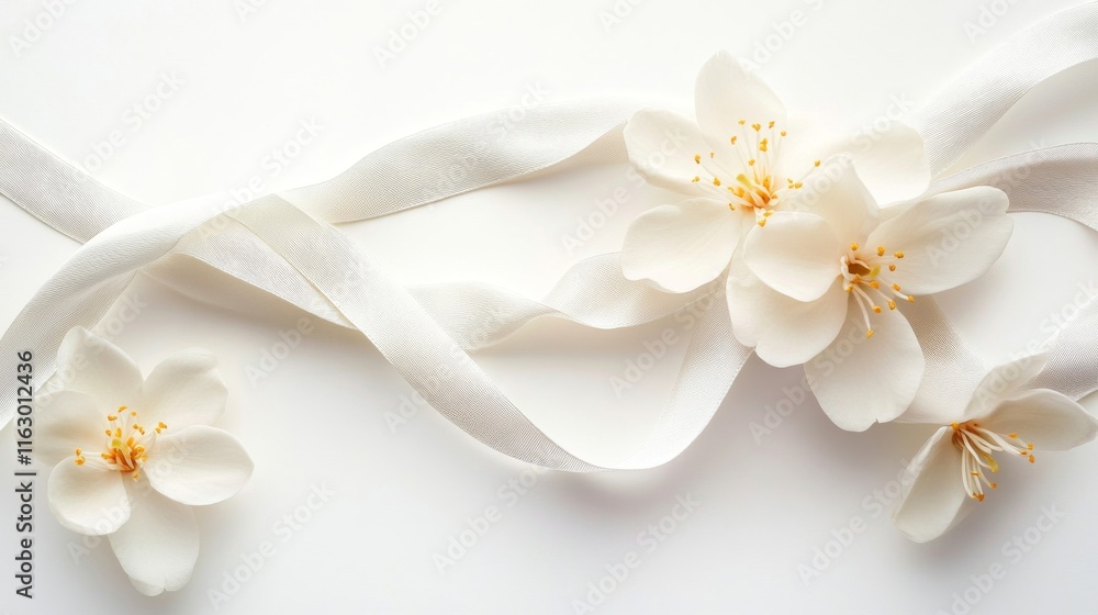 Obraz premium Delicate white blossoms arranged with elegant satin ribbon