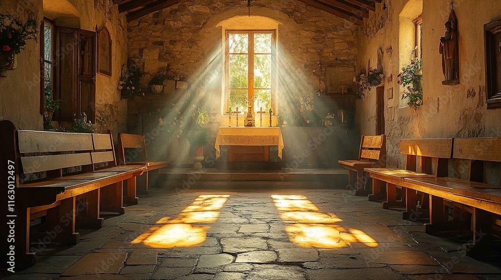 Fototapeta premium Sunlit Stone Chapel Interior With Wooden Benches