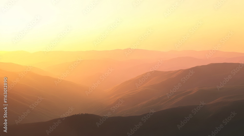 Serene sunrise over rolling mountain hills. Serene sunrise over rolling mountain hills.