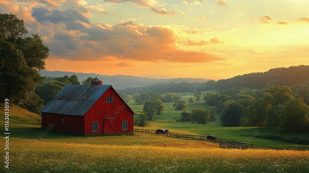 Red barn surrounded by green hills and grazing cows on a cloudy day Red barn surrounded by green hills and grazing cows on a cloudy day