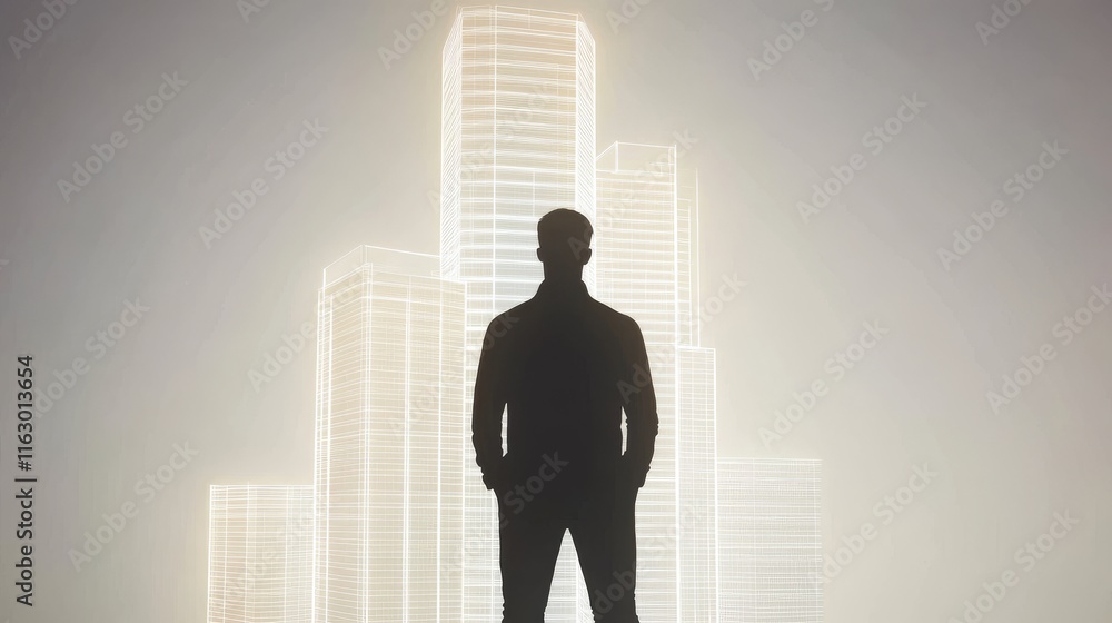 Fototapeta premium Silhouette of a person against modern buildings.