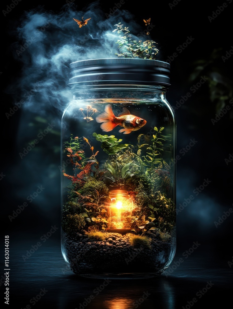 A vibrant goldfish swims in a jar filled with lush plants, illuminated by a warm glow, creating a miniature ecosystem and dreamy atmosphere amidst the darkness. A vibrant goldfish swims in a jar filled with lush plants, illuminated by a warm glow, creating a miniature ecosystem and dreamy atmosphere amidst the darkness.