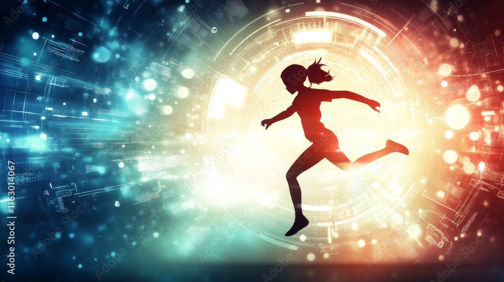 Naklejka premium Silhouette of a woman running towards light.