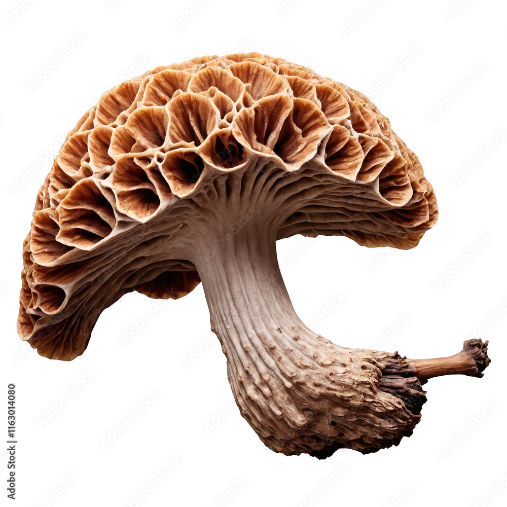 Closeup view of a honeycomb morel mushroom showcasing intricate patterns and textures in natural lighting Closeup view of a honeycomb morel mushroom showcasing intricate patterns and textures in natural lighting