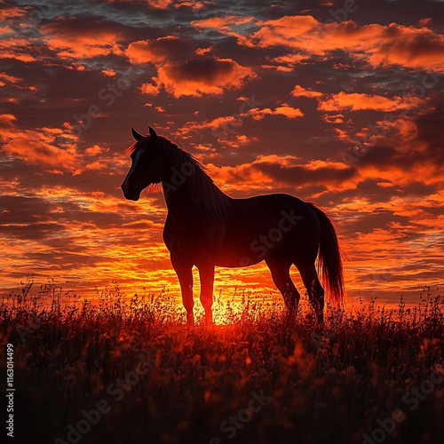 Golden Sky Sunset Horse Silhouette Background photo