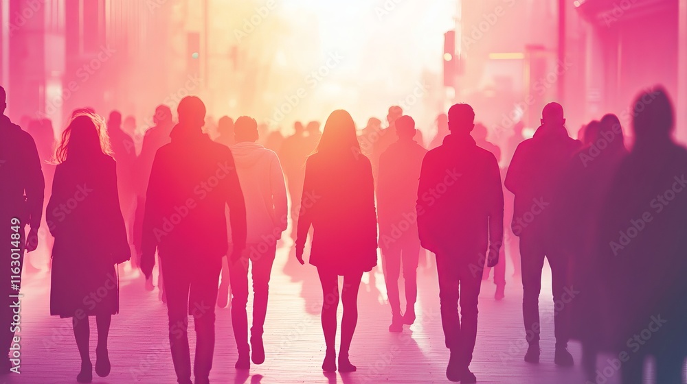 Silhouetted figures walking in urban setting. Silhouetted figures walking in urban setting.