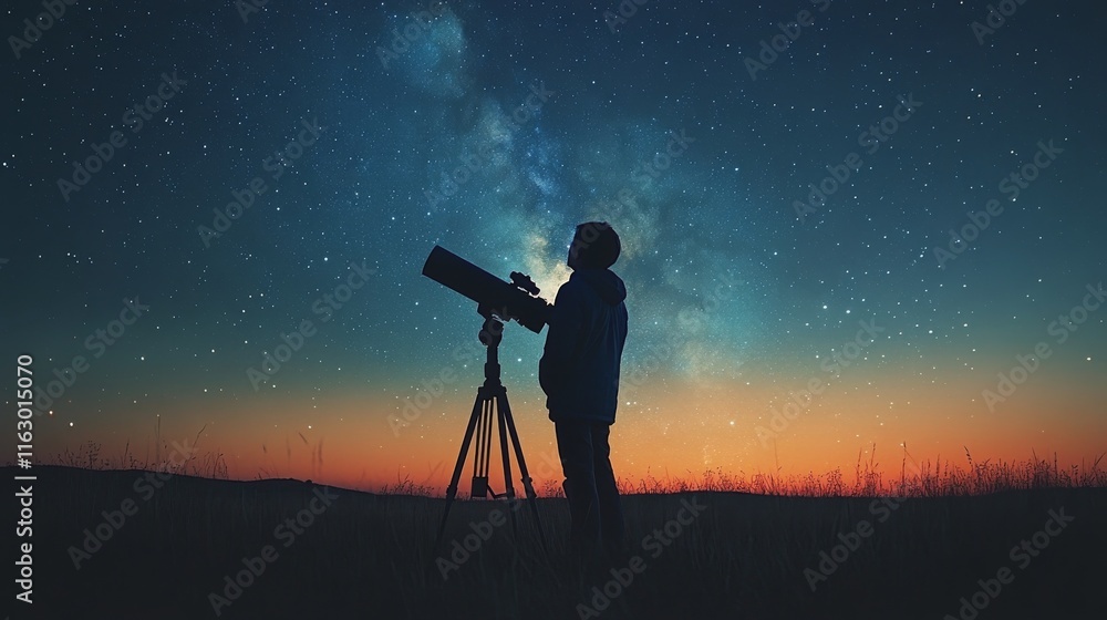 Stargazer observes the night sky with telescope in remote landscape under vibrant cosmic display Stargazer observes the night sky with telescope in remote landscape under vibrant cosmic display