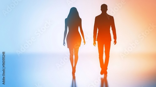 Silhouettes of a man and woman walking together. photo