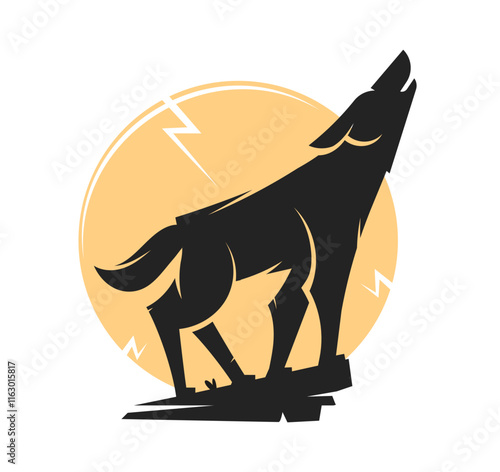 Wolf on a rock howling at the moon. Vector illustration with clear even forms. Mystical silhouette of a wolf for Halloween or scary story. Howling wolf - symbol of mystery, loneliness and despair.