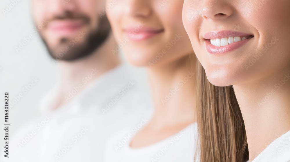 Fototapeta premium Smiling faces of diverse individuals in white attire.