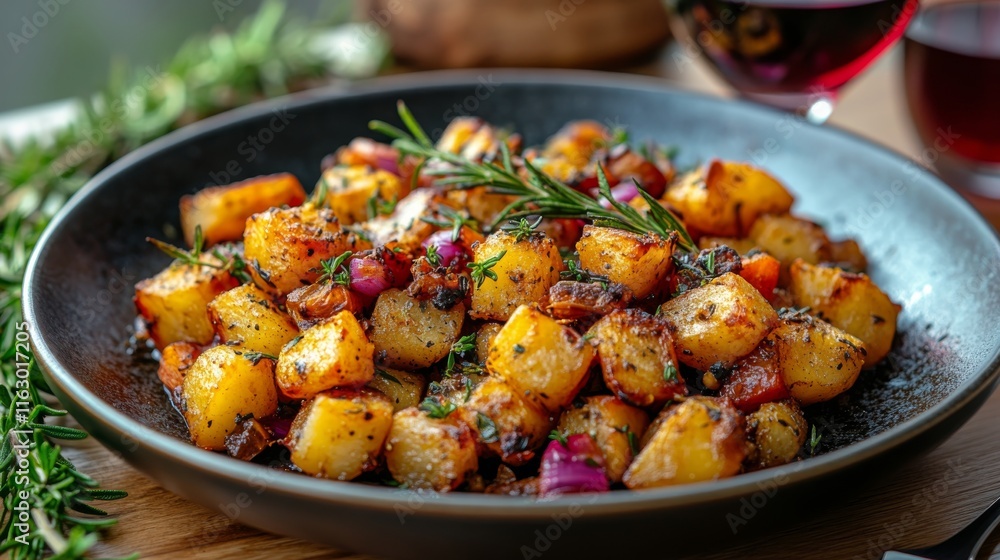 Delicious roasted potatoes and tomatoes served with a glass of red wine on a rustic wooden table Delicious roasted potatoes and tomatoes served with a glass of red wine on a rustic wooden table