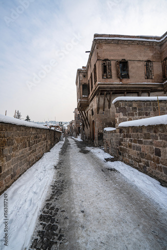 old town, quarter, kayseri turkey, brick, greek, tablakaya, district, talas, facade, balcony, exterior, architecture, ancient, tourism, historical, old, historic, travel, home, house, window, street,  photo