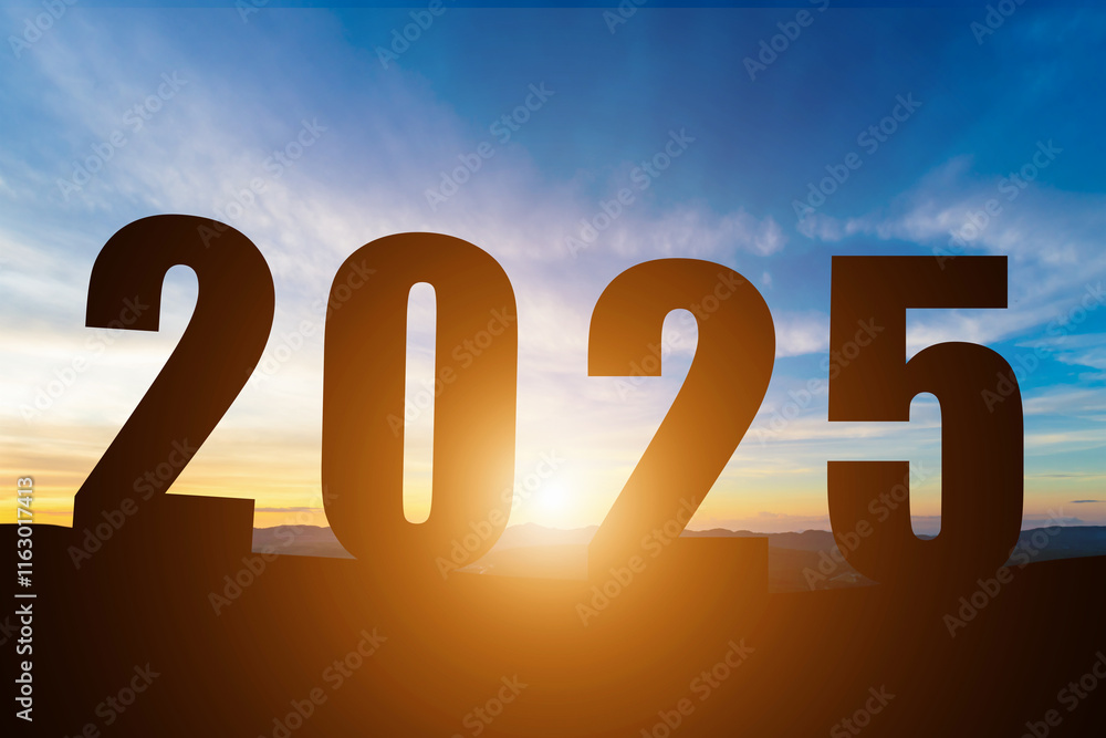 Happy New Year Numbers 2025, Silhouette the hill early morning sunrise over the horizon background, Happy new year concept.