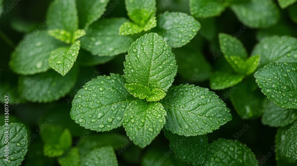 Dewdrops adorn vibrant green mint leaves Dewdrops adorn vibrant green mint leaves