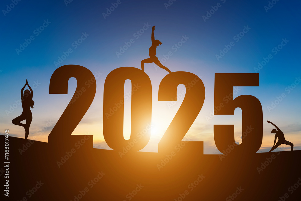 Happy New Year Numbers 2025, Silhouette woman practicing yoga early morning sunrise over the horizon background, Health and Happy new year concept.