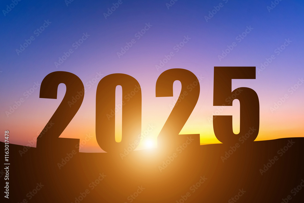 Happy New Year Numbers 2025, Silhouette the hill early morning sunrise over the horizon background, Happy new year concept.