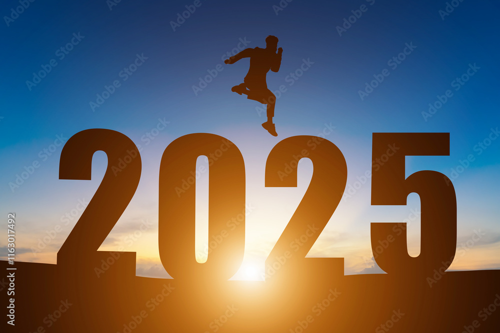 Happy New Year Numbers 2025, Silhouette a man handsome jumping feels happy moving early morning sunrise over the horizon background, Health and Happy new year concept.