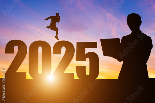 Obraz na płótnie Happy New Year Numbers 2025, Silhouette successful businessman hold laptop and handsome jumping feels happy moving early morning sunrise over the horizon background, Health and Happy new year concept. w salonie