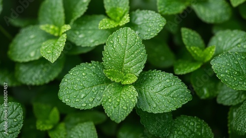 Dewdrops adorn vibrant green mint leaves