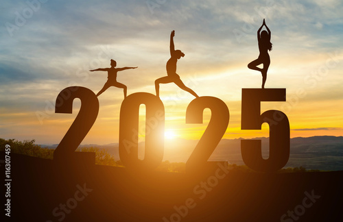 Happy New Year Numbers 2025, Silhouette woman practicing yoga early morning sunrise over the horizon background, Health and Happy new year concept.